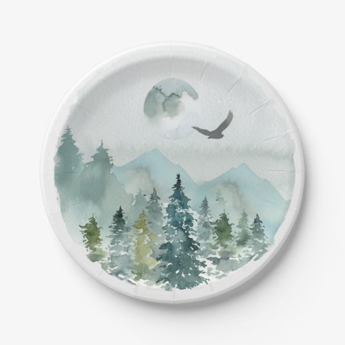 Mountain Forest Mist Evergreens Moon Hawk Paper Plates