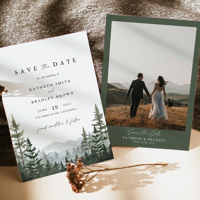 Mountain Forest Pine Photo Back Wedding Save The Date (Mountain forest photo save the date, sage green pine wedding stationery, woodland national park card)