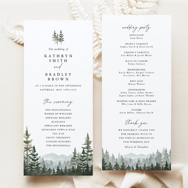 Mountain Forest Pine Wedding Ceremony Program (Mountain Forest Wedding Program, Sage Green Pine Tree Ceremony Program, Woodland Wedding Stationery)