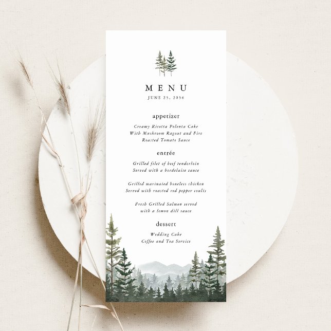 Mountain Forest Pine Wedding Reception Dinner Menu (Mountain Forest Wedding Menu, Sage Green Pine Tree Wedding Menu Card, Woodland Reception Dinner Menu)