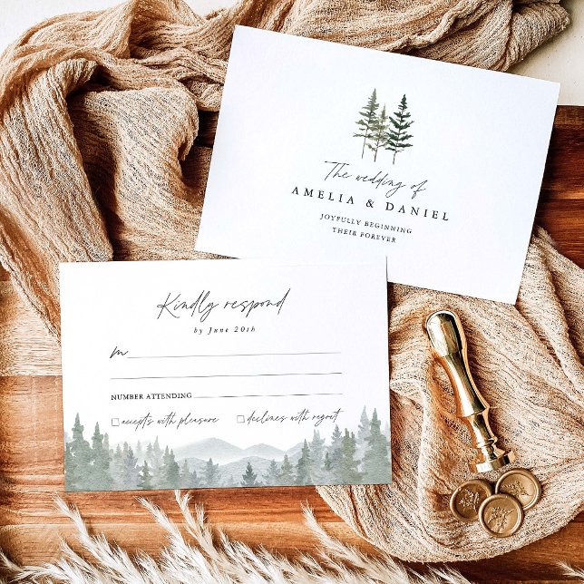 Mountain Forest Pine Wedding RSVP Card (Mountain forest wedding RSVP card, sage green pine tree woodland wedding stationery, neutral rsvp)