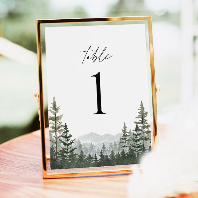 Mountain Forest Pine Wedding Table Numbers (Mountain Forest Wedding Table Numbers, Sage Green Pine Woodland Reception Table Number Gold Decor)