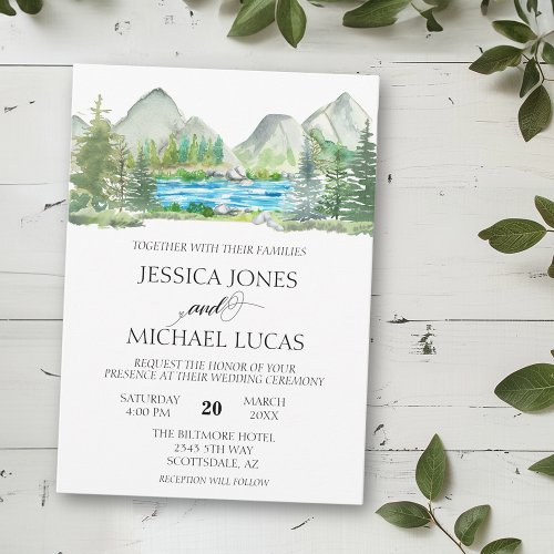 Mountain Forest River Watercolor Rustic Wedding Invitation