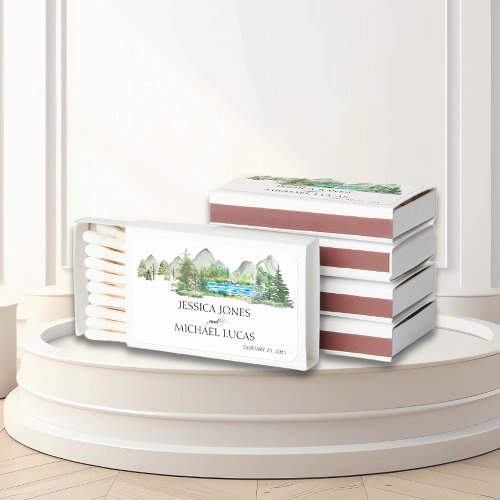 Mountain Forest River Watercolor Rustic Wedding Matchboxes