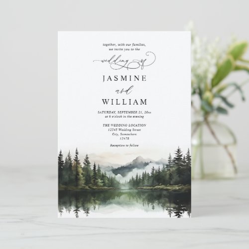 Mountain Forest Rustic Budget QR Code Wedding Invitation