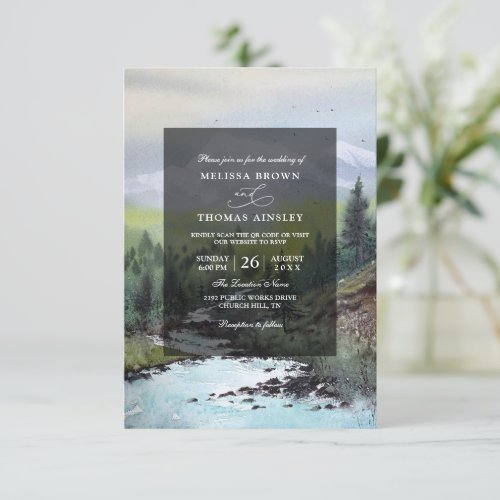 Mountain Forest Rustic Budget QR Code Wedding Invitation