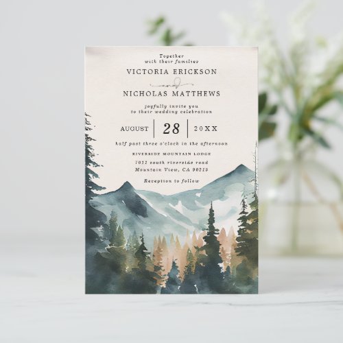 Mountain Forest Rustic Budget QR Code Wedding Invitation