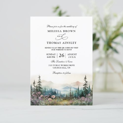 Mountain Forest Rustic Budget QR Code Wedding Invitation