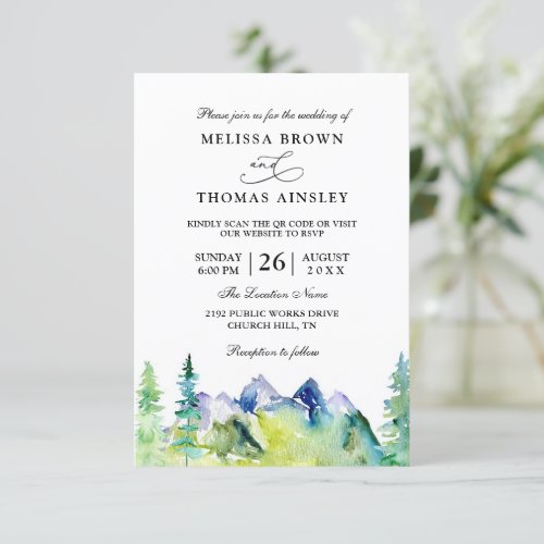 Mountain Forest Rustic Budget QR Code Wedding Invitation