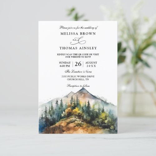 Mountain Forest Rustic Budget QR Code Wedding Invitation