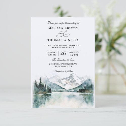 Mountain Forest Rustic Budget QR Code Wedding Invitation