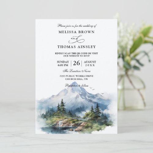 Mountain Forest Rustic Budget QR Code Wedding Invitation