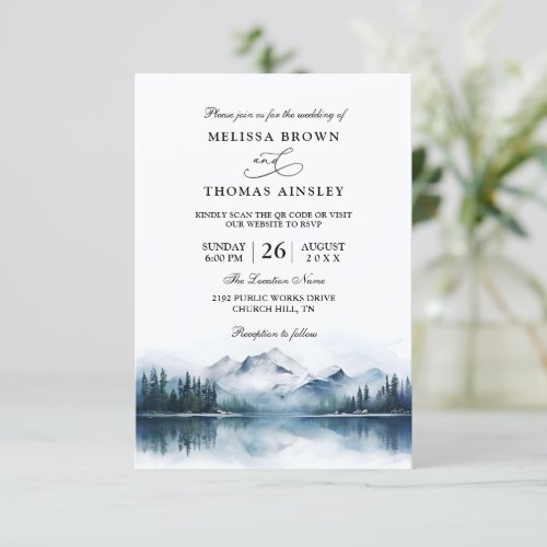 Mountain Forest Rustic Budget QR Code Wedding Invitation