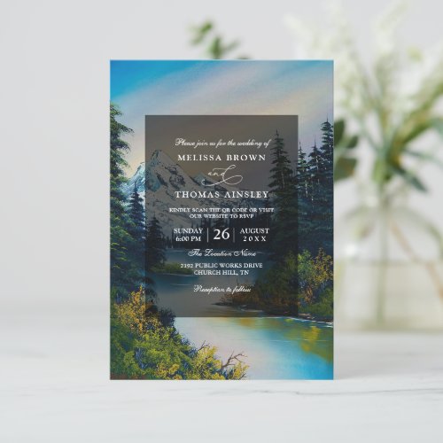 Mountain Forest Rustic Budget QR Code Wedding Invitation