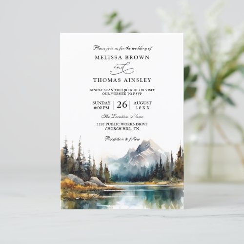 Mountain Forest Rustic Budget QR Code Wedding Invitation