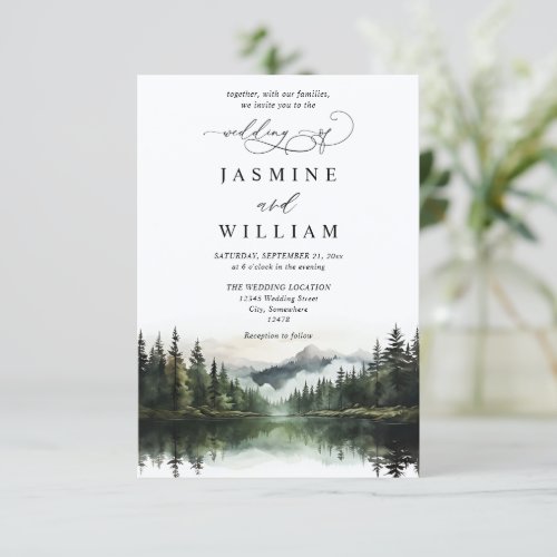 Mountain Forest Rustic Lake Elegant Wedding Invitation