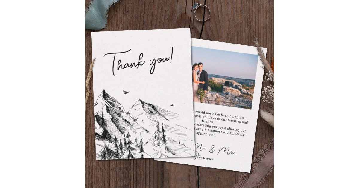 Mountain forest rustic photo wedding thank you card | Zazzle