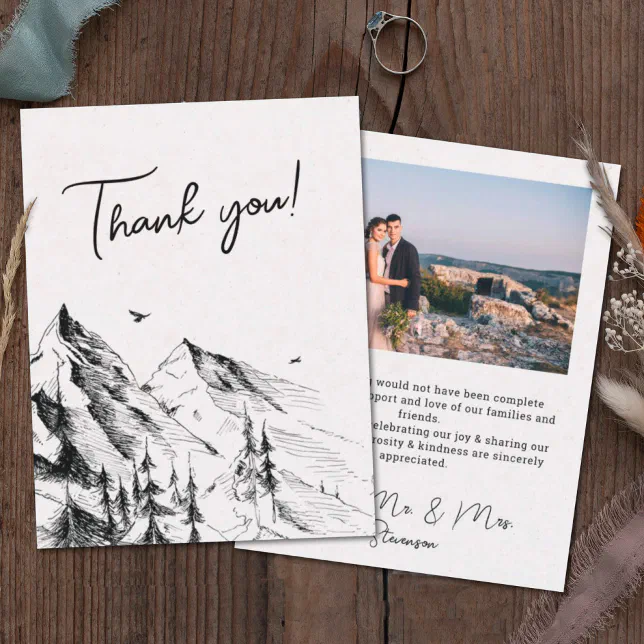 Mountain forest rustic photo wedding thank you card | Zazzle
