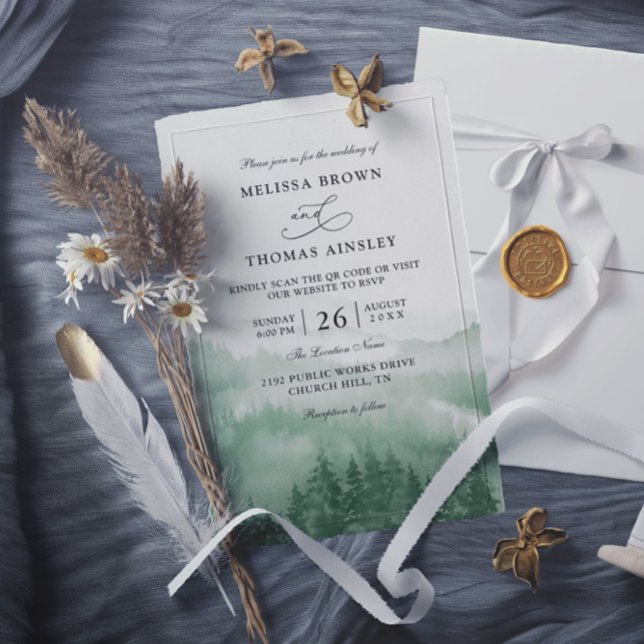 Mountain Forest Rustic Tree Budget QR Code Wedding Invitation (Creator Uploaded)