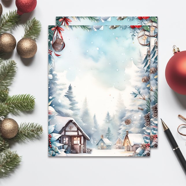 Mountain Forest Snowy Log Cabins Christmas  Letterhead (Creator Uploaded)