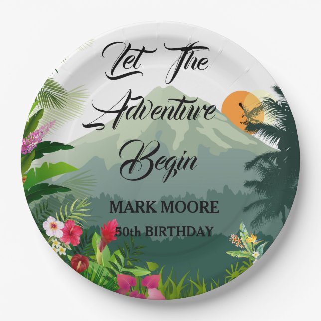 Mountain & Forest Sunset Birthday Invitation Paper Plates (Front)