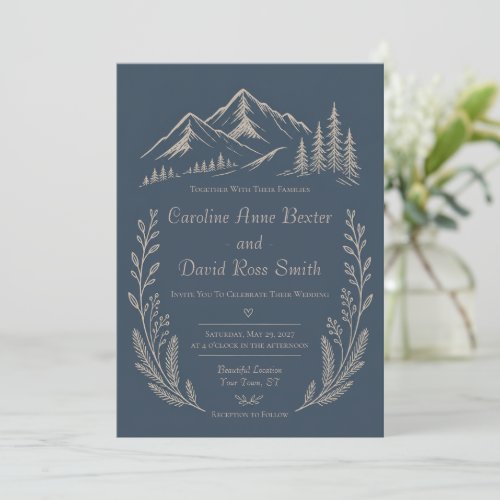 Mountain Forest Themed Navy Blue Floral Wedding Invitation