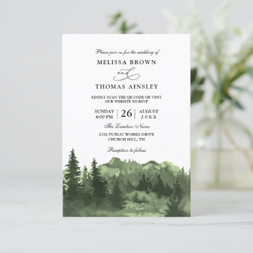 Mountain Forest Trees Budget QR Code Wedding  Invitation