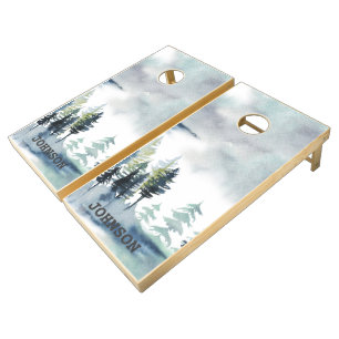 Mountain Forest Trees Custom Name Cornhole Set