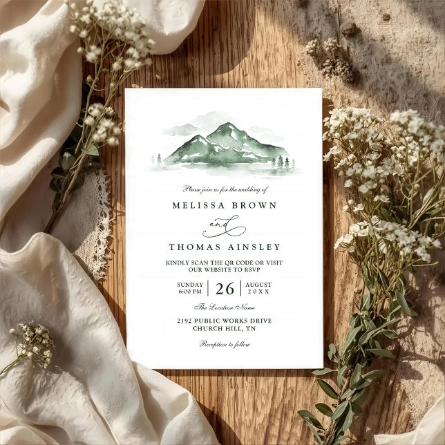 Mountain Forest Trees Pine Rustic QR Code Wedding Invitation (Creator Uploaded)