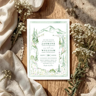 Mountain Forest Trees Rustic QR Code Wedding Invitation