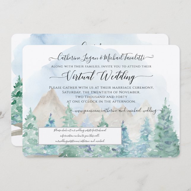 Mountain Forest Trees Watercolor Virtual Wedding Invitation (Front/Back)