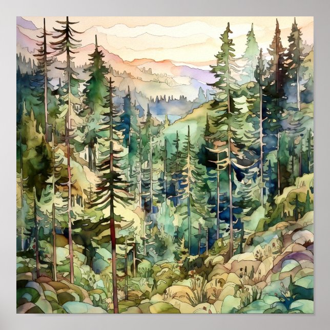 Mountain Forest Watercolor Painting Art Print (Front)