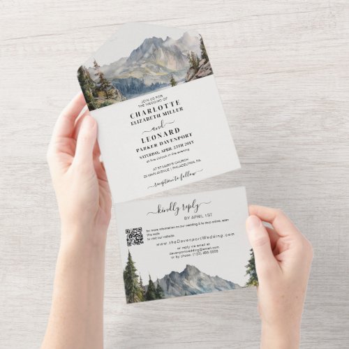 Mountain Forest Wedding Qr code Rsvp All In One Invitation
