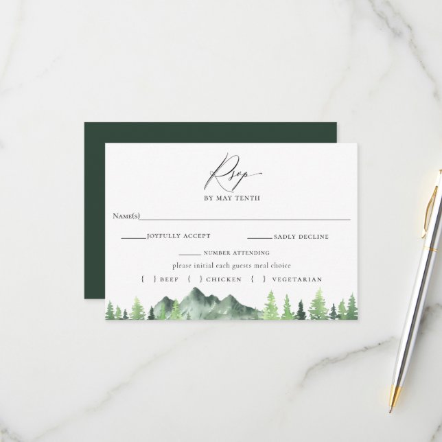 Mountain Forest Wedding RSVP With Meal Choice Card (Front/Back In Situ)