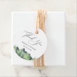 Mountain Forest Wedding Thank You Favor Tags<br><div class="desc">Watercolor forest trees and mountain scene,  wedding thank you favor tags. "thank you" in chic black calligraphy with lines for names and event date. Back of tag features solid forest green color.</div>