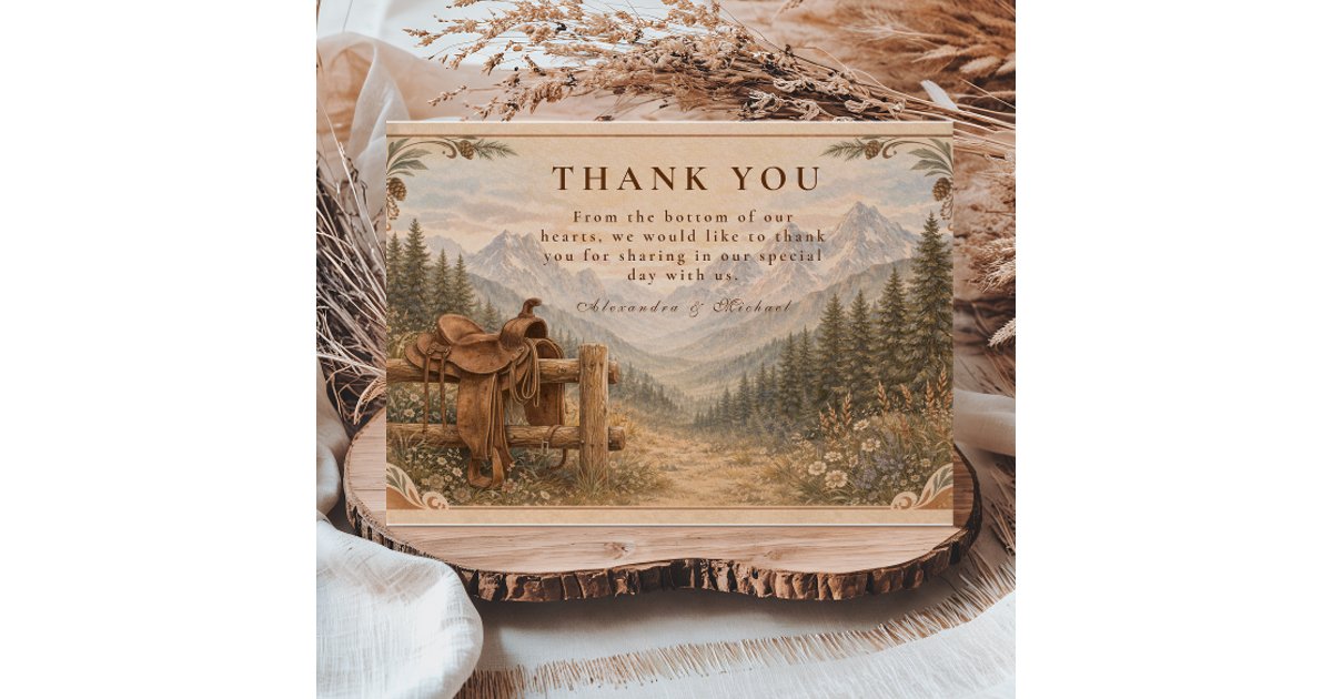 Mountain Forest Western Saddle Wedding Thank You Card | Zazzle