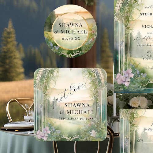 Mountain Forest Woodland Just Love Elegant Wedding Square Paper Coaster