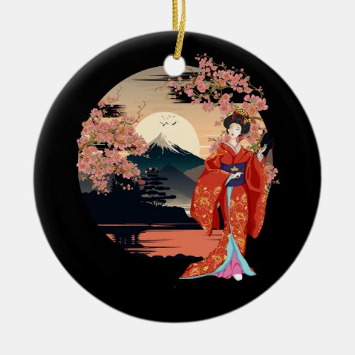 Mountain Fuji Cherry Blossoms Geisha Japanese Gard Ceramic Ornament