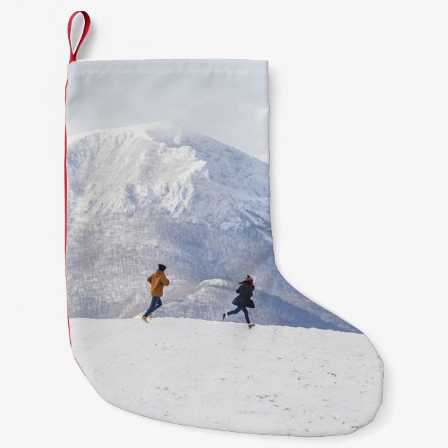 Mountain Fun: Snow-Capped Peaks Scene. Small Christmas Stocking (Front)