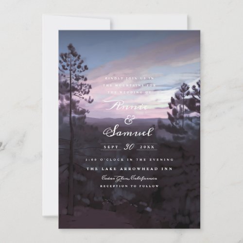 Mountain Getaway Purple Wedding Invitation