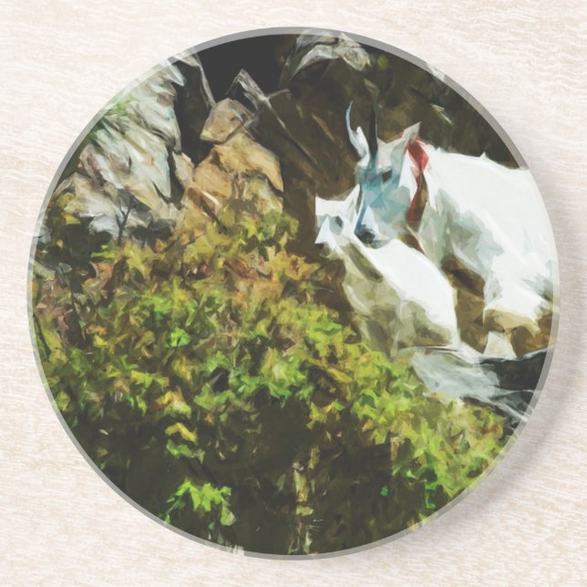 Mountain Goat and Baby Abstract Impressionism Sandstone Coaster (Front)