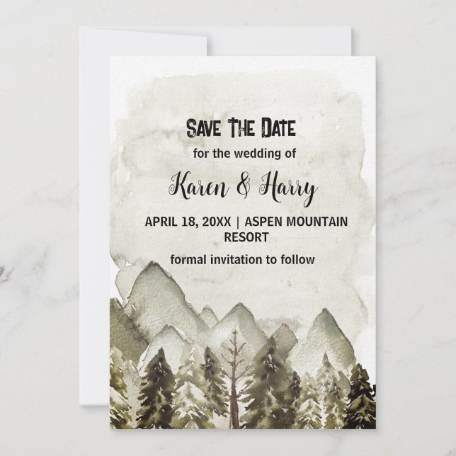 Mountain Green Pine Tree Save The Date Wedding Art Invitation (Front)