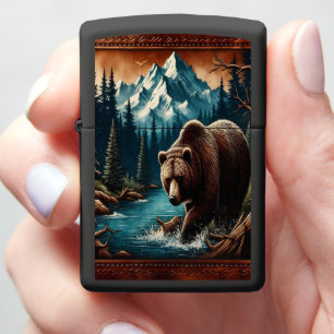 Mountain Grizzly Bear Fishing At Dusk Zippo Lighter