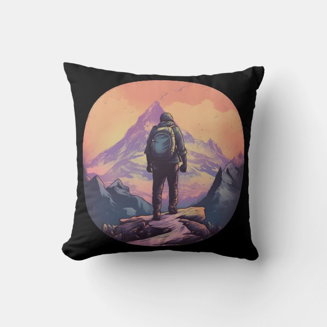 Mountain Hiking Sunset Throw Pillow (Front)