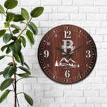 Mountain Home Family Name Large Clock<br><div class="desc">Fun,  personalized family name and monogram design.  Makes the perfect gift for a housewarming,  wedding,  or any occasion!  Wintery snowy mountain peaks and pine trees on a deep,  rich faux maple wood panel.</div>