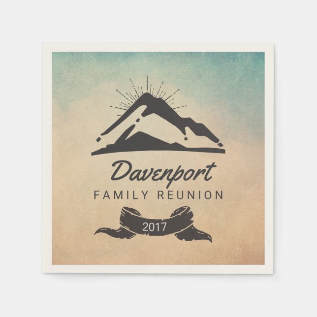 Mountain Illustration with Sun Rays Family Reunion Paper Napkins (Front)