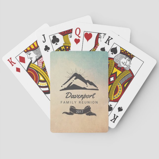 Mountain Illustration with Sun Rays Family Reunion Poker Cards (Back)
