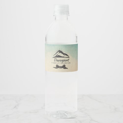 Mountain Illustration with Sun Rays Family Reunion Water Bottle Label
