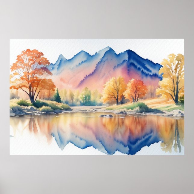 Mountain in Fall Watercolor Landscape Poster (Front)