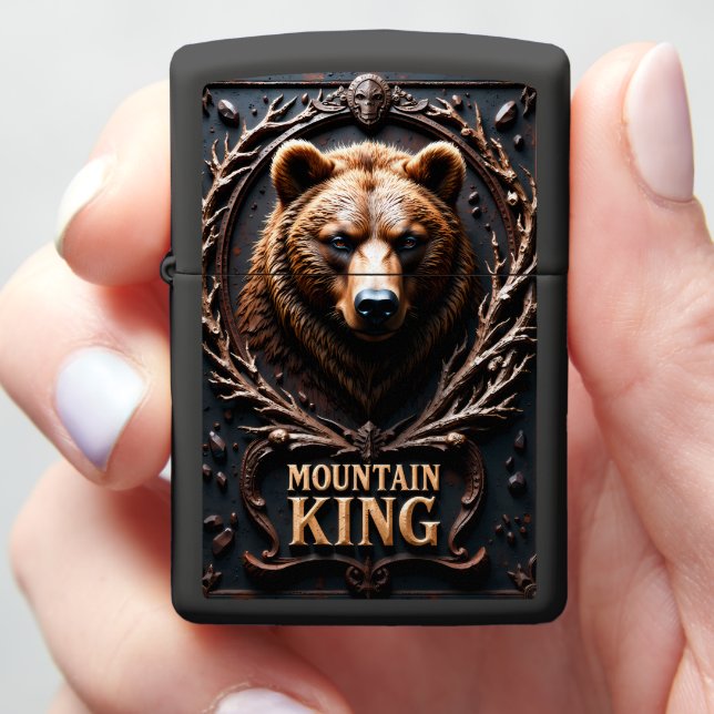 Mountain King Grizzly Bear Wreath Zippo Lighter (In Hand)